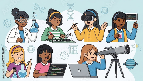 Diverse Girls Exploring Science Technology Engineering and Math Concepts
