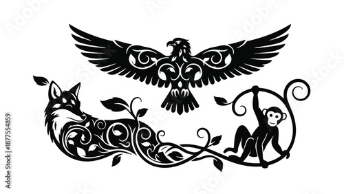 Elegant illustration of a fox, eagle, and monkey intertwined with nature-inspired patterns.