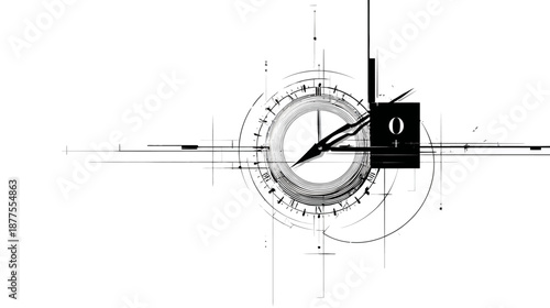 Abstract black and white design with a clock-like element, clean lines, and geometric shapes