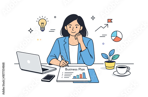 Confident Businesswoman at Desk. Empowered female entrepreneur. Woman working at a desk with a laptop and business plan, making focused decisions