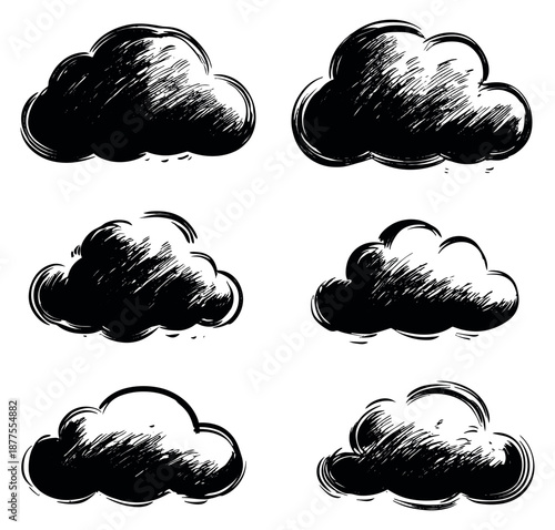 Hand drawn sketchy grunge cloud set featuring various weather shapes for graphic design elements