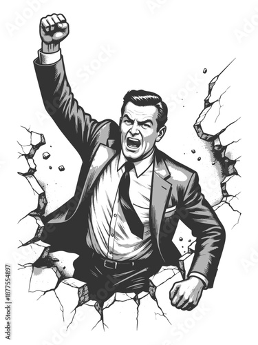 determined businessman smashing through a wall, symbolizing strength, breakthrough, and ambition sketch engraving generative ai fictional character vector illustration. Scratch board. Black and white.