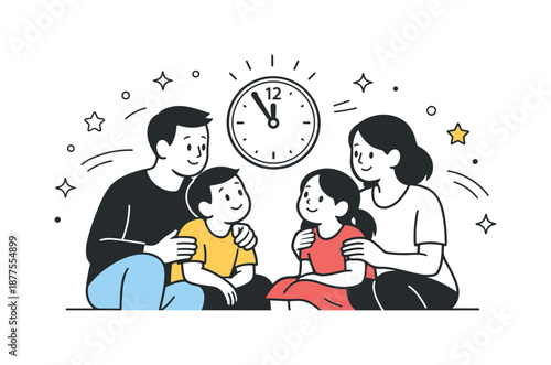 Family Midnight Anticipation. Children waiting for midnight with family. Children sitting close to parents, watching the time together. Safe, warm family