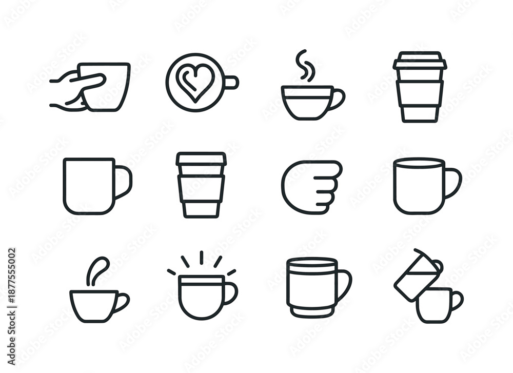 Obraz premium Latte Icon Set. latte in hand. Line icon set of latte in hand: hand holding latte cup, latte art heart, steam swirl, to-go cup, ceramic mug, foam layer symbol,