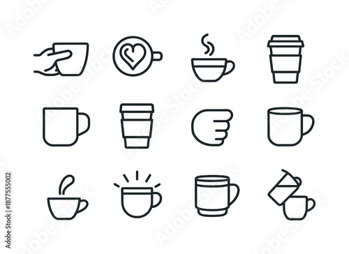 Latte Icon Set. latte in hand. Line icon set of latte in hand: hand holding latte cup, latte art heart, steam swirl, to-go cup, ceramic mug, foam layer symbol,