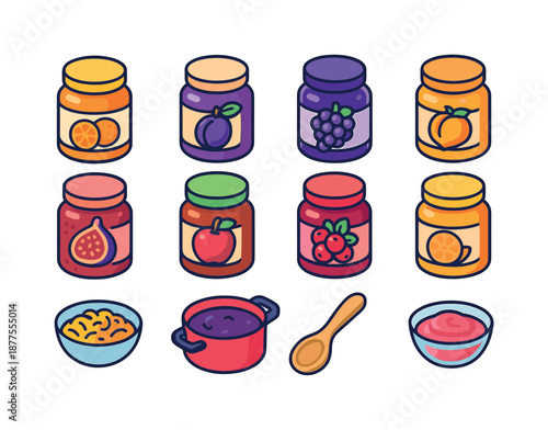 Colorful Fruit Preserves Icons. fruit preserves. Colorful isometric vector icons set of fruit preserves: marmalade jar, plum jam jar, grape jelly, peach