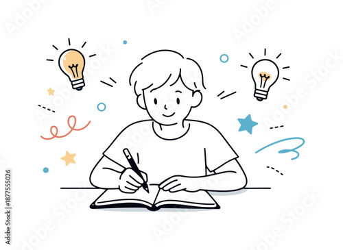 Creative Thought Burst. Idea generation. Character writing or drawing while lightbulbs, stars, and abstract lines appear around, representing fresh thoughts.