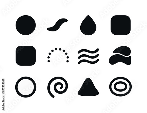 Abstract Calming Icons. Therapeutic touch. Solid icon set of abstract calming shapes: soft circle, curved wave, teardrop, smooth triangle, rounded square,
