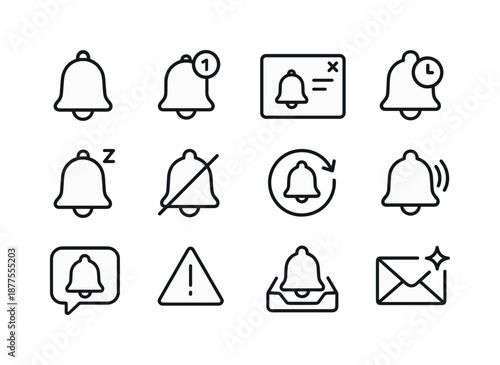 Notification Icons Set. Notification system. Line icon set of Notification system: alert bell, badge counter, pop-up notification, scheduled alert, snooze