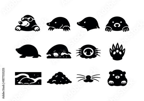 Mole Icon Set. Mole illustrations. Solid icon set of mole illustrations: cartoon mole, realistic mole, side profile, front view, silhouette, burrowing pose,