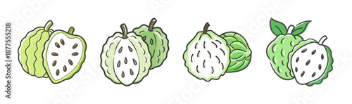 Assorted cherimoya fruits, whole and halved, with leaves, vector illustration