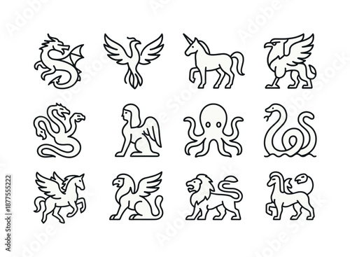 Legendary Creatures Icons. Legendary creatures. Line icon set of Legendary creatures: dragon, phoenix, unicorn, griffin, hydra, sphinx, kraken, giant serpent,