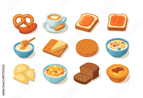 European Breakfast Icons. European breakfasts. Colorful flat vector icons set of European breakfasts: German pretzel and sausage, Italian cappuccino with
