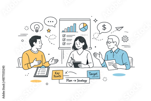 Strategic Negotiation Planning. Negotiation strategy discussion. A small team planning talking points with notes, charts, and dialog bubbles. Preparation,