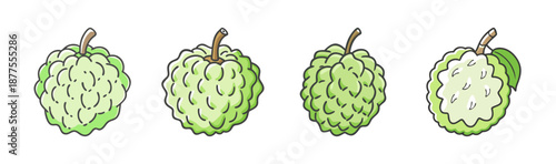 Four custard apple fruits, whole and sliced, isolated on white background.