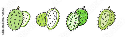 Four soursop fruits, whole and sliced, isolated on white background.
