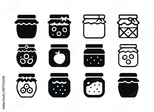 Jam Logo Variations. Jam. Icon set. Set Logo of Jam: fruit preserve bowl. harmonious logo variations of the same emblematic concept, each with different