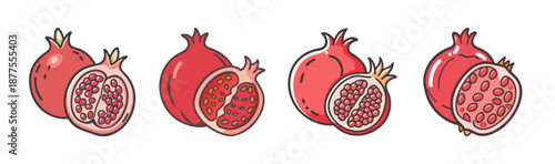 Collection of hand-drawn pomegranate illustrations, whole and halved