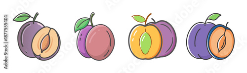 Set of stylized plum illustrations, whole and halved, with leaves