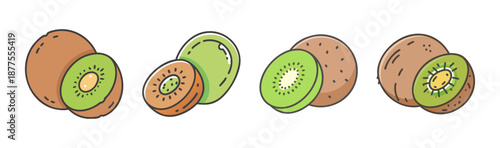 Assortment of kiwi fruit illustrations, whole and sliced, showing seeds