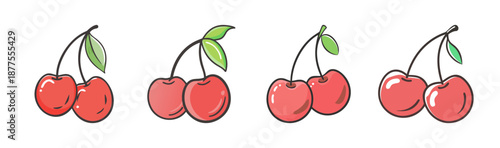 Pair of red cherries with stems and leaves, isolated on white background