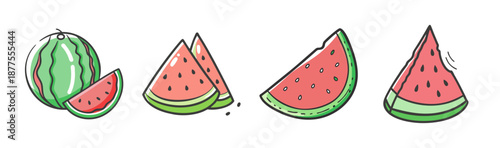 Watermelon slices and whole fruit illustrations, hand-drawn style, isolated.