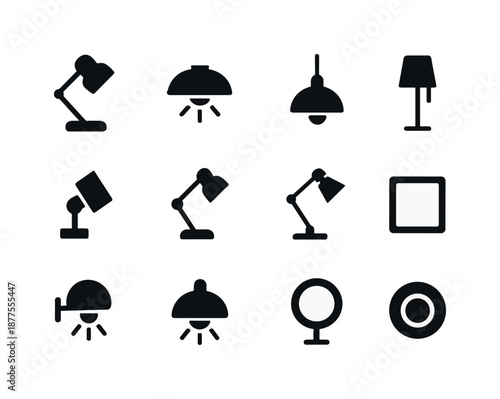 Office Lighting Icons. Office lighting. Solid icon set of office lighting: desk lamp, ceiling light, pendant lamp, floor lamp, spotlight icon, task light,