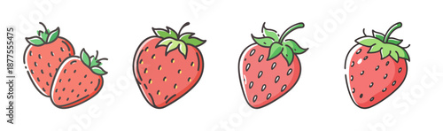 Hand-drawn collection of four ripe strawberries with green leaves on white background.