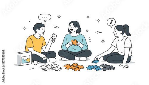 Friends Assembling Puzzle. Friends building puzzle casual talk. Friends chatting lightly while sorting pieces by color and shape. Relaxed conversation and easy