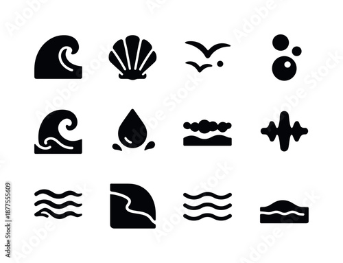 Ocean Ambience Icons. Ocean ambience. Solid icon set of ocean ambience: wave crest, shell icon, distant seagull, underwater bubble, soft tide swirl, splash