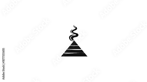 A black, geometric pyramid design with wisps of smoke rising from the top against a white backdrop