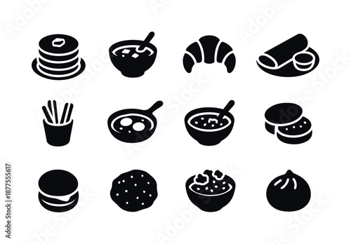 Global Breakfast Icons. Trying global breakfast traditions. Solid icon set of Trying global breakfast traditions: pancakes, miso soup bowl, croissant, dosa,