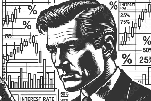 serious businessman surrounded by financial graphs and percentage signs, market analysis and economic pressure sketch engraving generative ai vector illustration. Scratch board. Black and white image.