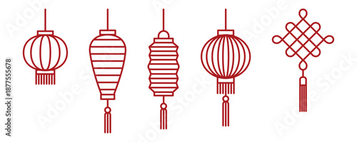Chinese lantern set with mystic knot red outline. Vector icons for Asian new year. Decoration traditional oriental festival celebration and cultural design