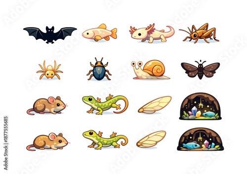 Cave Creatures Icons. Cave creatures. Colorful flat vector icons set of cave creatures: bat silhouette, cave fish, blind salamander, cave cricket, tiny spider,
