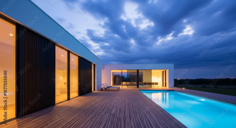 Obraz premium Elegant contemporary home with an illuminated swimming pool under a dramatic evening sky.