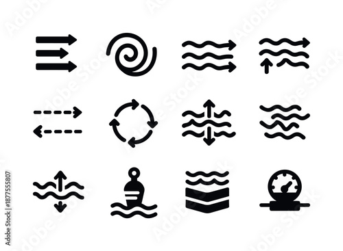Ocean Currents Icons. Ocean currents. Solid icon set of ocean currents: current arrows, gyre swirl, thermal flow, upwelling icon, deep current path, eddy