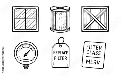 Hand drawn filter icons set with gauge and replacement tag for industrial use
