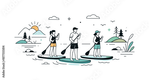 Paddleboarding Bliss. Group paddleboarding nature escape. Paddleboarders gliding across open water with abstract nature elements nearby. Sense of freedom,
