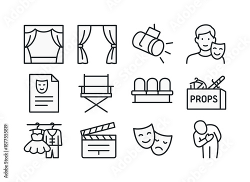 Theater Icon Set. Complete Theater Performance Essentials. Line icon set of Complete Theater Performance Essentials: stage, curtain, spotlight, masked actor,