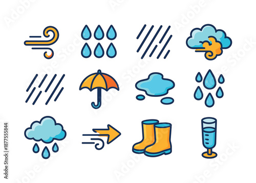 Colorful Weather Icons. wind and rain. Colorful isometric vector icons set of wind and rain: wind swirl icon, raindrop row, heavy rain streaks, gust cloud,