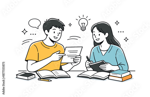 Collaborative Student Study. Students studying together. Two students exchanging notes and quietly discussing homework, relaxed and supportive interaction.