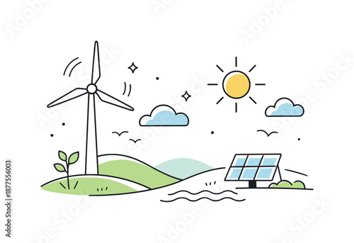Minimalist Clean Energy. Renewable energy illustration. Minimal wind turbine and sun icon with soft landscape elements, expressing clean energy and