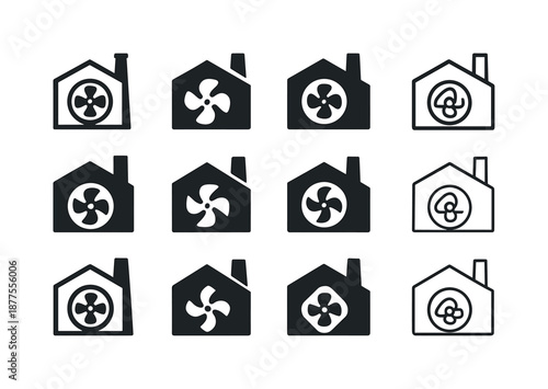 Factory Logo Variations. Factory warehouse. Icon set. Set Logo of factory warehouse: ventilation fan. harmonious logo variations of the same emblematic