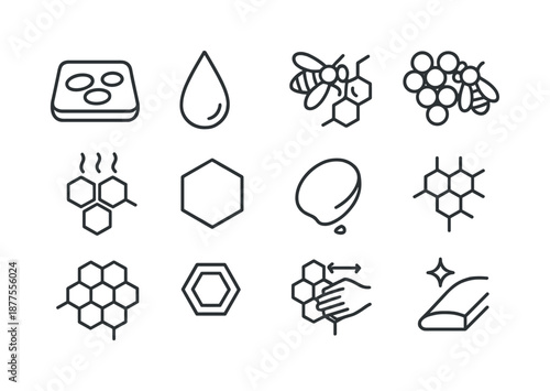Bee Wax Production Icons. How bees make honey. Line icon set of wax production: wax scale, wax secretion drop, bee shaping comb, comb-building cluster, warm