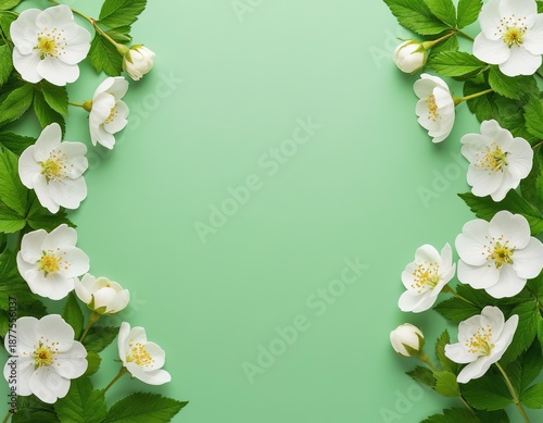 Delicate white flowers on a green background. Color of the Year 2026: Cloud Dancer. Spring floral frame border