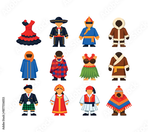 World Costume Icons. World Costumes. Colorful flat vector icons set of World Costumes: flamenco dress, mariachi suit, Mongolian deel, Inuit parka, Berber robe,