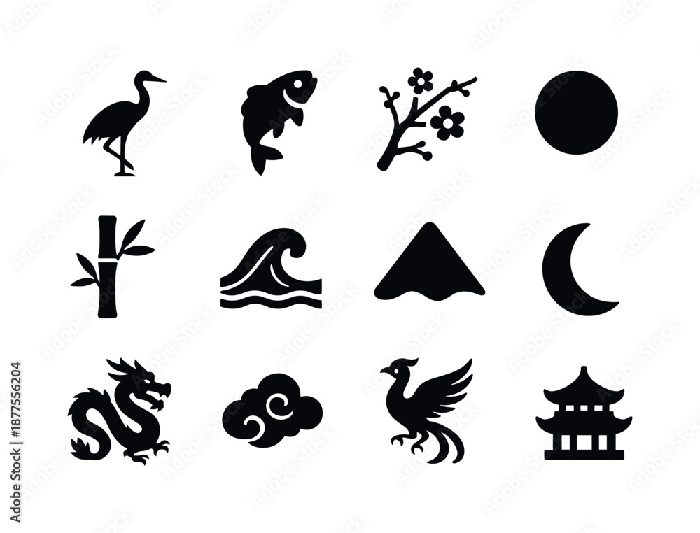 Fototapeta premium Folding Screen Icons. Folding screen motifs. Solid icon set of folding screen motifs: crane bird, koi fish, blossom branch, bamboo stalk, wave line, mountain