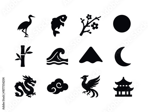 Folding Screen Icons. Folding screen motifs. Solid icon set of folding screen motifs: crane bird, koi fish, blossom branch, bamboo stalk, wave line, mountain