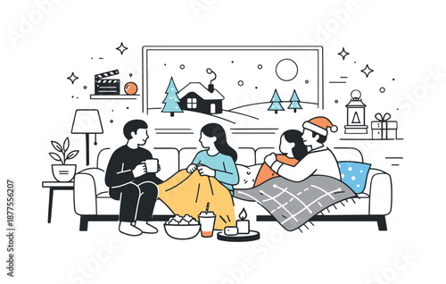 Cozy Holiday Movie Night. Holiday movie night cozy setup. Couch, blankets, pillows and a screen with a simple holiday scene, people settling in. Calm